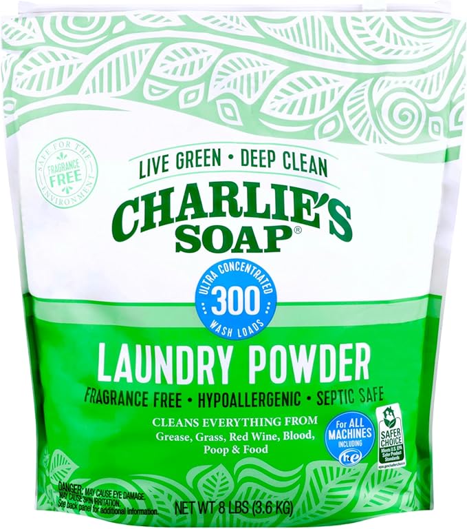 Charlie’s Soap Laundry Detergent Powder – 8 lb Bulk, Fragrance-Free, Hypoallergenic, Plant-Based, Biodegradable, Eco-Friendly, Deep Cleaning Powder for Sensitive Skin & HE Washers