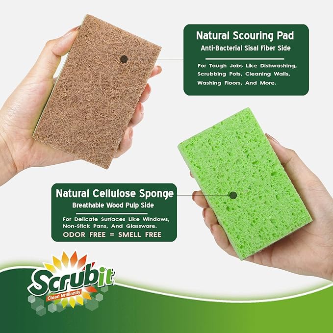SCRUBIT 24 Pack Natural Sponges - Biodegradable Compostable Cellulose and Coconut Natural Sponges for Dishes, Eco Friendly Non Toxic Kitchen Sponge