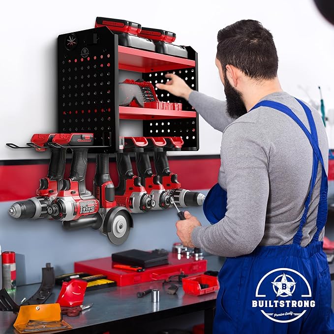 Power Tool Organizer-6 Drill Holder Wall Mount, 3 Tier Heavy-Duty Hand Tool Storage Rack, Utility Racks, Drill Holder, 2 Pegboard Sides - Garage Storage Cordless Tool Organizer (Red)