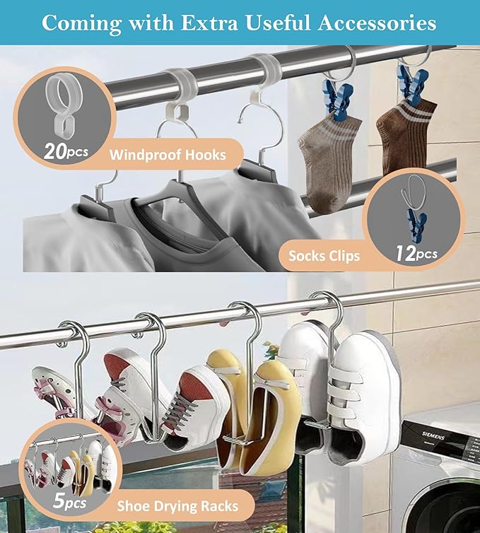 95 Inches Clothes Drying Rack Clothing Windproof Design, Heavy Duty Stainless Steel Laundry Drying Rack Folding Indoor Outdoor, Foldable Portable Clothing Racks for Hanging Clothes, 20 Hooks 12 Clips