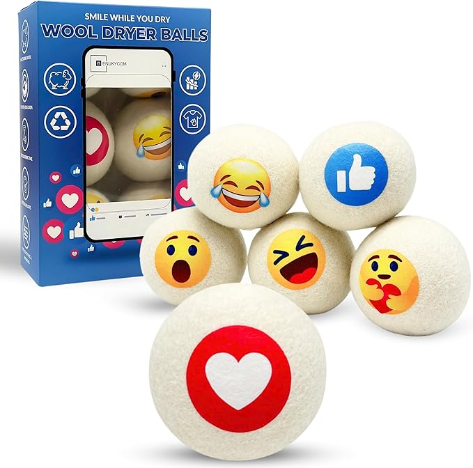 Dryer Ball Kit: 6 XL Wool Dryer Balls - Natural Fabric Softener, Reusable, Reduces Clothing Wrinkles and Saves Drying Time - Reduces Wrinkles and Saves Drying Time (6pcs Wool Dryer Ball) (Emoji)