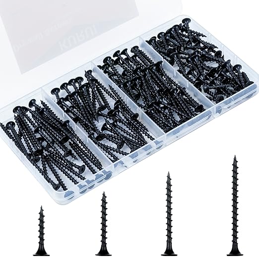 KURUI Drywall Screws Assortment Kit, #6 Black Wood Screws for Sheetrock,165pcs Picture Hanging Kit for Frame Painting Art Photo, Phillips Coarse Dry Wall Screw 4 Sizes 1",1-1/4",1-5/8",2"