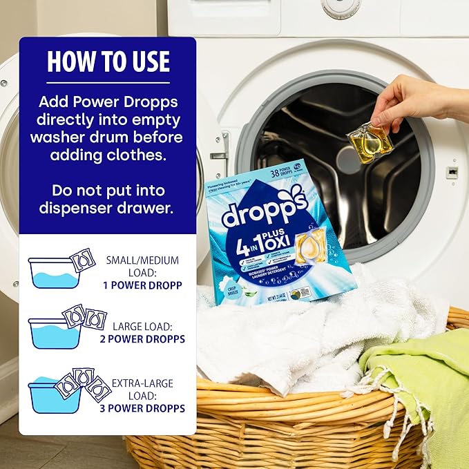 Dropps 4-in-1 Plus Oxi Crisp Breeze Power Biobased Laundry Detergent Pods (76 Pods) - Chlorine-Free Bleach Alternative Biobased Laundry Whitener, Stain & Odor Remover