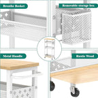 Slim Storage Cart 4 Tier Laundry Cart with Wheels, Narrow Metal Kitchen Rolling Carts Bathroom Organizers Storage Shelf with Wood Rack and Handle for Small Space
