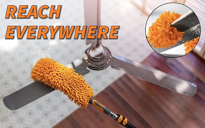 24 Foot High Reach Duster Kit with 5-18 ft Extension Pole // High Ceiling Dusting and Window Cleaning Kit with Telescopic Pole // Window Washer & Squeegee, Cobweb Duster, Fan Blade and Feather Dusters
