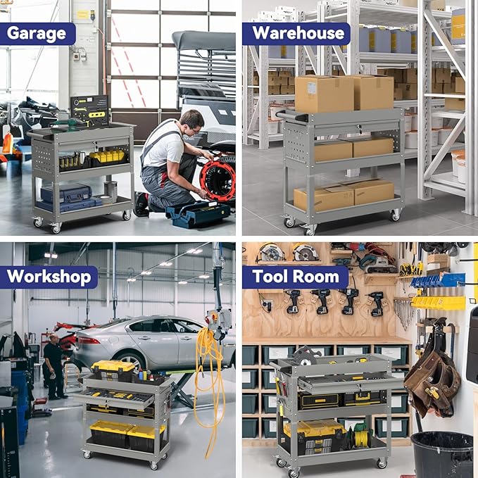 3 Tier Rolling Tool Cart with Drawer, 450 LBS Heavy Duty Utility Cart on Wheels, Service Cart for Garage, Workshop and Warehouse (Gray)