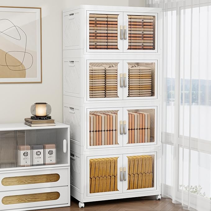 Large Stackable Storage Bins with Lids, 660QT-165QT*4Tier Foldable Cabinet for Closet Organizers, Plastic Storage Containers Box with Wheels