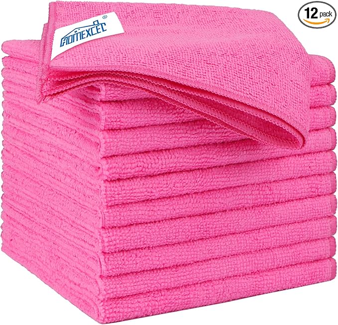 HOMEXCEL Pink Microfiber Cleaning Cloth 12 Pack, 12.5 x 12.5 inch Microfiber Towels for Cars, Ultra Absorbent Car Washing Cloth, Lint Free Streak Free Cleaning Rags for Car, Kitchen, and Window
