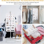 Freegrace Hanging Jewelry Organizer with Secure Zipper Closure - 360° Revolving Hanger, 25 Clear Pockets, 23 Necklace Hooks - Foldable Travel Storage & Closet Display (White)