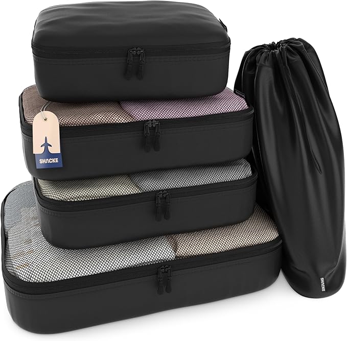 Shacke Premium 5 Packing Cubes Set - Lightweight Mesh Travel Luggage Organizers with Laundry Bag, 5-Piece Suitcase Storage System (Air Black)