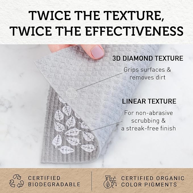 Nordhus Design Large Swedish Dishcloths, 5 Grey Cloths, Made in Sweden - 9.5 x 8 inch Reusable, Washable Cellulose Cotton Kitchen Cloths - Replace Paper Towels, Wipes, Sponges, Dish Rags