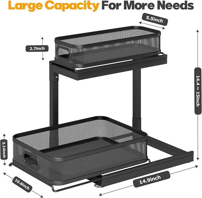 2-Pack Under Sink Storage Organizer with 2-Tier Slide Out Drawer, Sophisticated Mesh Pull Out Shelf for Kitchen & Bathroom, Fits Small Items, Upgraded Arched Track for Smooth Gliding-Black