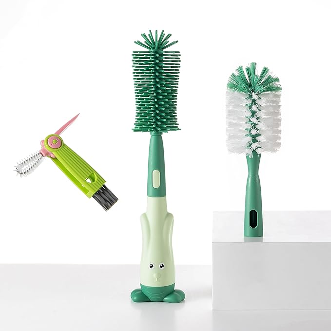 Cup Cleaning Brush, Silicone Baby Bottle Brush with Stand, Large Handle Water Bottle Brush Cleaner Set, with a Tiny Cup Lid Gap Cleaning Brush, Cup Lid Cleaner Brushes Kit, Green