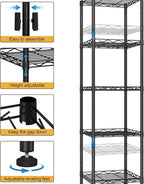 HOMEFORT Storage Shelves, 5-Wire Shelving, Metal Shelving Unit Adjustable Storage Shelves Rack for Kitchen, Pantry, Bathroom, Black, 11.4" W x 11.4" D x 46" H