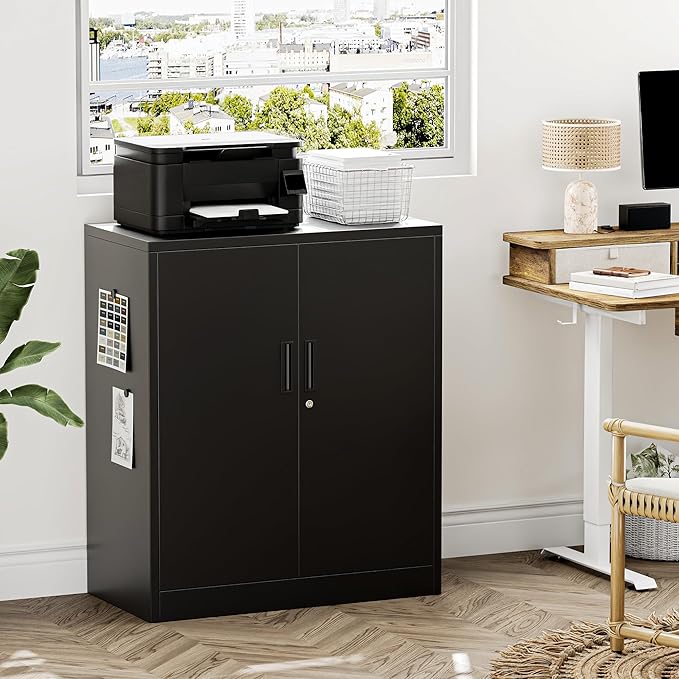 Metal Storage Cabinet 36" H,Steel Locking Cabinet with 2 Lockable Doors and 2 Adjustable Shelves Easy to Assemble for Home Office, Garage,School, Apartment, Warehouse, Utility Room,Black