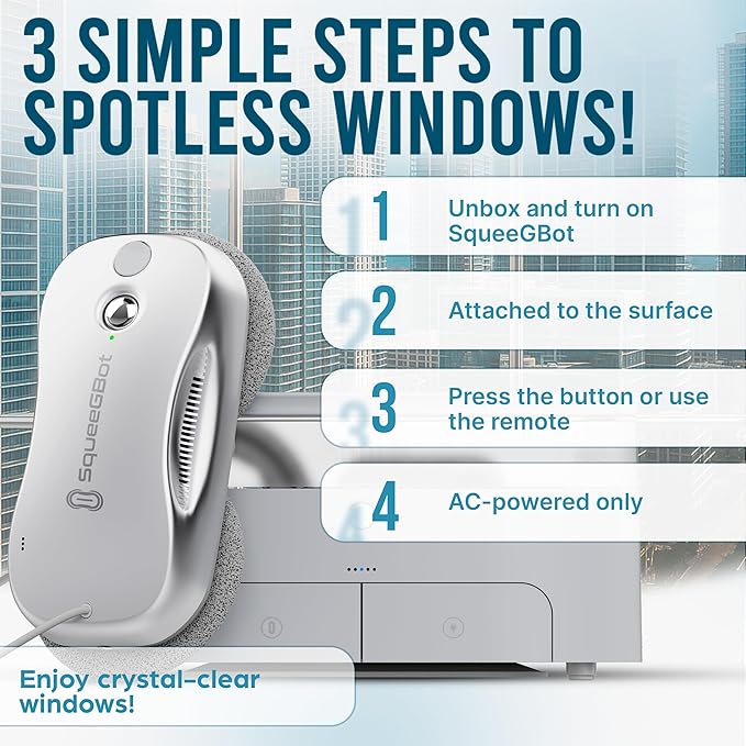SqueeGBot Window Cleaning Robot Ideal for Panoramic Windows, Tiles, Mirrors, Robot Windows Cleaner with Intelligent AI 5.0 Navigation, Electric Window Cleaner Water Spraying, up to 5300 Pa