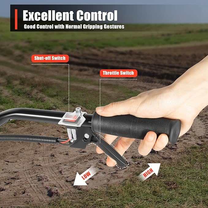Gas Powered Tiller Cultivator Rototiller, 2-Stroke 52CC 2HP 1900W Soil Cultivator Soil Tilling Machine, 6500-7000RPM Air-Cooled Gasoline Garden Farm Tiller, for Plowing/Tilling/Furrowing