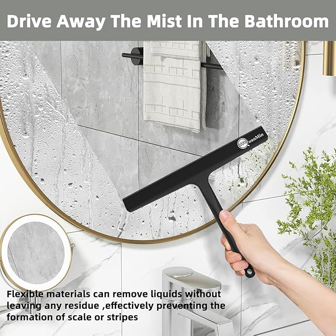 9 Inch Shower Squeegee with Hook - Heavy Duty Glass Door Scraper for Streak-Free Cleaning, Tile Walls, Shower Glass & Car Windows - Rustproof Rubber Blade & Secure Storage (Black)