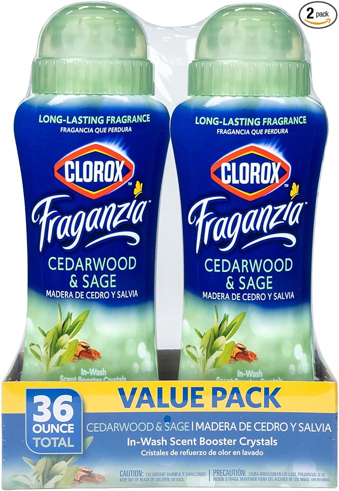 Clorox Fraganzia Laundry Scent Booster Crystals, In-Wash Fragrance Beads for Fresh-Smelling Clothes & Linens, Safe for All Fabrics & Colors, Cedarwood & Sage, 18 Oz, 2 Pack