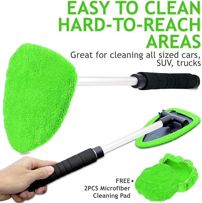 TAKAVU Car Window Cleaning Tool, Windshield Wiper Cleaner with Extendable Long-Reach Handle, 3 Washable Reusable Microfiber Bonnets, Car & Home Inside Interior Exterior Use - Lint Free (Green)
