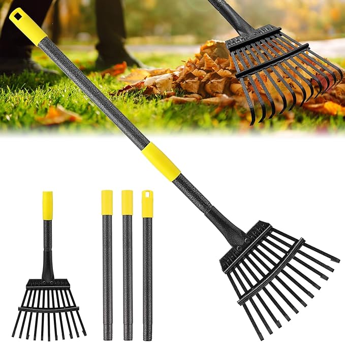 Garden Rake for Leaves, 65 inch Long Rake, 11 Tines Small Narrow Rake, Heavy Duty Metal Leaf Rakes with Adjustable Steel Handle for Lawns Yard Flower Bed Grass Mulch Shrub Camping Gardening