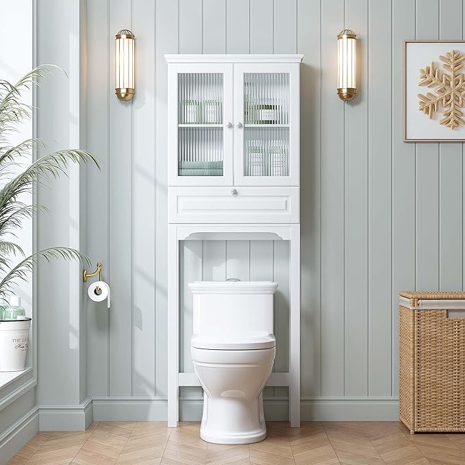 Spirich Over The Toilet Storage Cabinet with Muro Glass Doors, Over Toilet Bathroom Organizer with Tilt-Out Cube and Adjustable Shelf, White