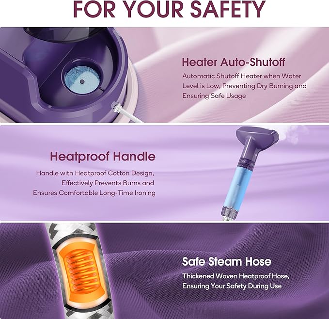 Newbealer Standing Garment Steamer - 1500W Full-Size Vertical Clothes Steamer with Foot Pedal, 57.5oz (1.7L) Large Water Tank, 45s Fast Heat-Up, 50-Min Powerful Steaming, Auto-Off (Purple)