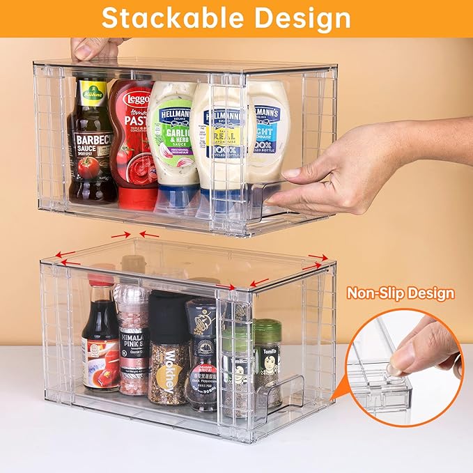 1 Pack Large Stackable Storage Drawers,Clear Acrylic Drawer Organizers with Handles, Easily Assemble for Kitchen Undersink,Bathroom,Cabinet,Makeup,Closet,Pantry,Organization and Storage