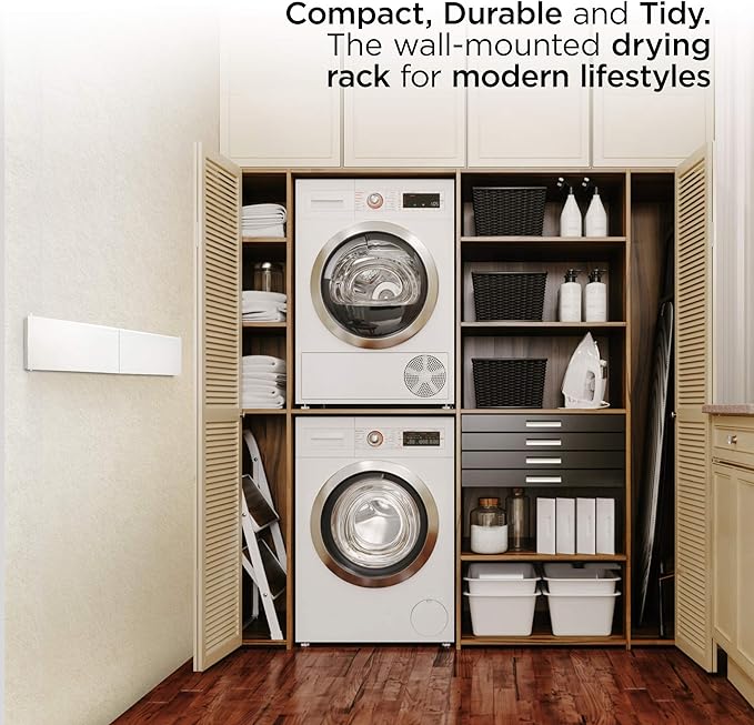 Step Up Laundry Drying Rack (28-INCH White), Wall Mounted, Retractable Clothes Drying Rack, 40lbs Capacity, 11.6 Linear Ft, with Wall Template and Long Screwdriver Bit