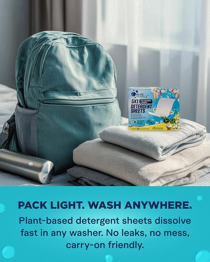 Laundry Detergent Sheets - Travel Laundry, Eco Friendly Detergent, Lightweight Dissolvable Washer Sheets for Fresh & Clean Clothes, Zero Waste Laundry Soap Sheet Up to 100 Loads By Blue Bubble
