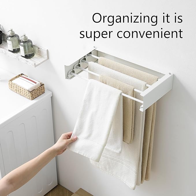 Clothes Drying Rack, Laundry Hanger Dryer Rack, Wall Mounted Drying Rack for Laundry, Foldable Drying Rack Indoor Outdoor, 19.7" Wide, 4 Aluminum Rods, 40 lb Capacity (White 19.7")