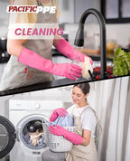 PACIFIC 2 Pairs Reusable Rubber Gloves for Washing Dishes and Cleaning Tasks, Water Resistant Household Gloves for Kitchen Bathroom, Grippy Latex Dish Washing, Pink, Meidum