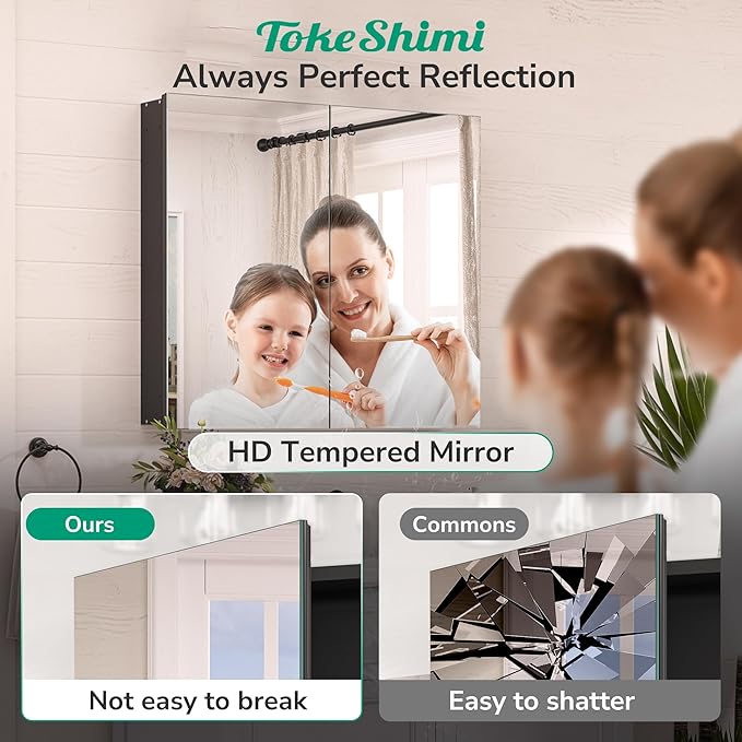 TokeShimi 64x32 Bathroom Medicine Cabinet with Mirror Tempered, Aluminum Black Mirrored Medicine Cabinet Recessed or Surface Mount with Adjustable Storage Metal for Modern Farmhouse