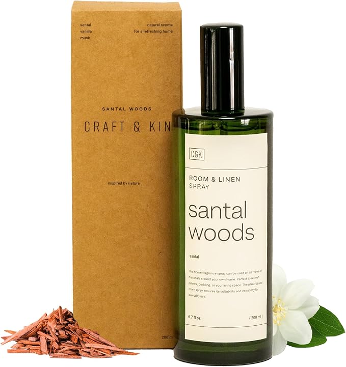 Craft & Kin Santal Woods Room Spray for Bedding, 6.76 oz, Pillow Spray, Long-Lasting Room Freshener, Soothing Aroma Mist for Home & Washroom