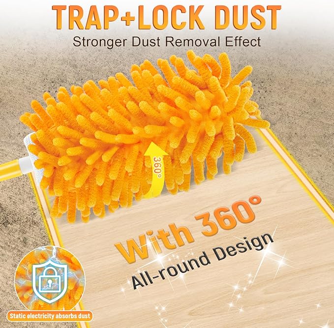 Reusable Duster Refill for Swiffer Duster Refill, 360° Heavy Duty Duster Refills Kit, 5 Pack with 1 Handle Microfiber Ceiling Fan Dusters for Cleaning（Orange, 5PCS）