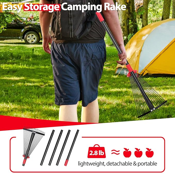 Adjustable Garden Leaf Rake for Lawns - Heavy Duty Metal With 18 Clog-Free Tines, 9"-17" Collapsible Head, 75 in Long Handle - Yard Tools for Gardening, Camping, Fast Cleanup