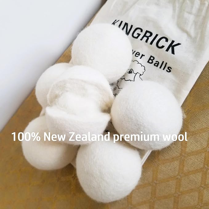 KINGRICK Wool Dryer Balls, XL, 6 Balls, White, Diameter 2.96", 100% New Zealand Premium Wool, Natural Drying Aid, Reduces Drying Time, Reduces Static Electricity and Softens Clothing