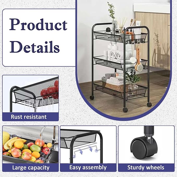 3 Tier Rolling Cart, Rust-Resistant Mesh Wire Metal Utility Cart with Wheels & 4 Side Hooks, Tool-Free Assembly, for Kitchen, Bathroom, Laundry Room, Living Room, Pantry, Dorm