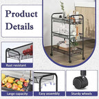 3 Tier Rolling Cart, Rust-Resistant Mesh Wire Metal Utility Cart with Wheels & 4 Side Hooks, Tool-Free Assembly, for Kitchen, Bathroom, Laundry Room, Living Room, Pantry, Dorm