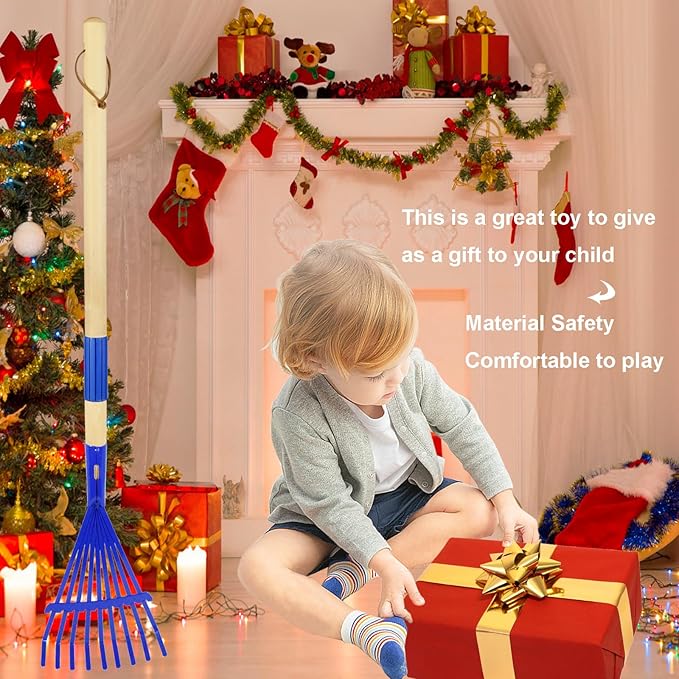 Kids Leaf Rake-Small Wooden Handle Leaf Rake with Metal Tines, 27inches /69cm Length, for Kids Enjoy Garden Cleaning Activities (Blue)