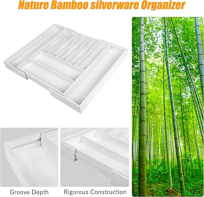 Bellsal Large Premium Bamboo Silverware Organizer - Expandable Utensil Drawer Organizer - 17"x19.6" Utensil Holder and Cutlery Tray with Grooved for Kitchen Flatware and Utensils(7-9 Slot, White)