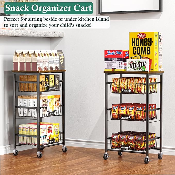 4-Tier Small Kitchen Storage Cart on Wheels, Metal Fruit Basket Stand with Pull-Out Baskets & Wood Top for Potato Onion Produce Snack Veggies