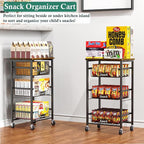 4-Tier Small Kitchen Storage Cart on Wheels, Metal Fruit Basket Stand with Pull-Out Baskets & Wood Top for Potato Onion Produce Snack Veggies
