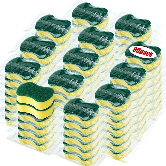 Tanlade 90 Pcs Individually Wrapped Sponges Kitchen Bulk Non Scratch Scouring Sponges for Dishes Household Cleaning Travel Apartments Hotel Car (Yellow Green)