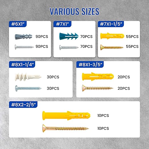 Dry Wall Anchor and Screw Combo Set 550 Pieces, 275 Plastic Wall Anchors and 275 Phillips Pan Head Screws, 5 Sizes Galvanized Screws and Wall Plug Bolts with Storage Case (550)