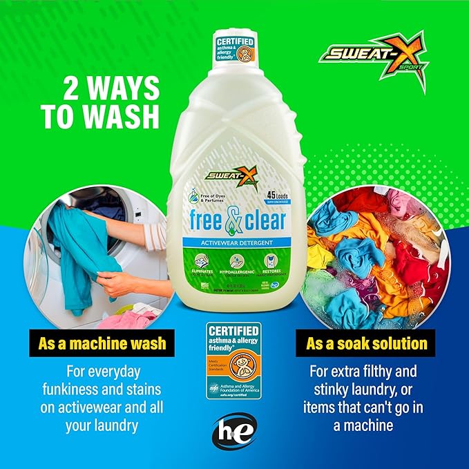 Sweat X Free & Clear Activewear Laundry Detergent – Certified Asthma & Allergy Friendly® – Hypoallergenic – Removes Toughest Stains & Odors – High-Performance Sports Wash – 45 Loads/Bottle – 4 Pack