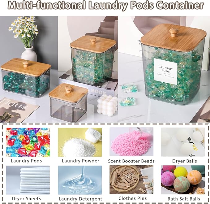 4 Pack Laundry Pods Container,Clear Dryer Sheet Holder & Laundry Room Organization and Storage with Lids, Scoops & Labels for Laundry Detergent, Powder, Dryer Balls, Beads (Gray)