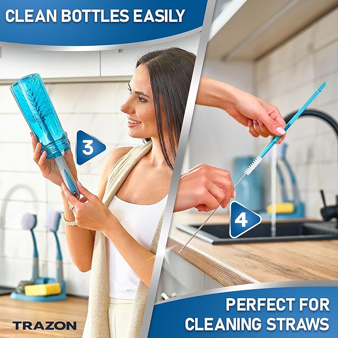 Dish Brush Set of 5 with Convenient Holder, Bottle Water Brush, Dish Scrub Brush, Scrubber Brush and Straw Brush - Kitchen Scrub Brushes Non Slip Long Handle for Sink Dishes Cup Pot