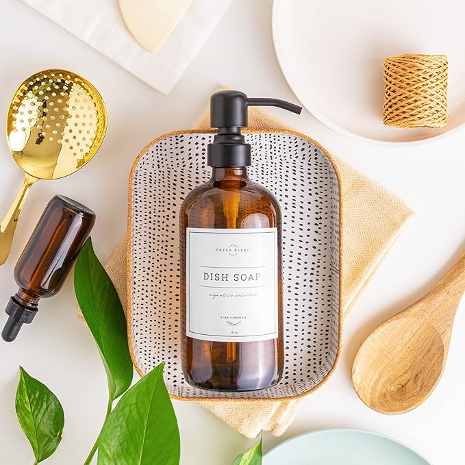 Vine Creations Amber Glass Soap Dispenser, 2 Pack Kitchen Soap Dispenser Set with Stainless Steel Pump, 16 oz Dish Soap and Hand Soap Dispensers for Bathroom with Waterproof Labels