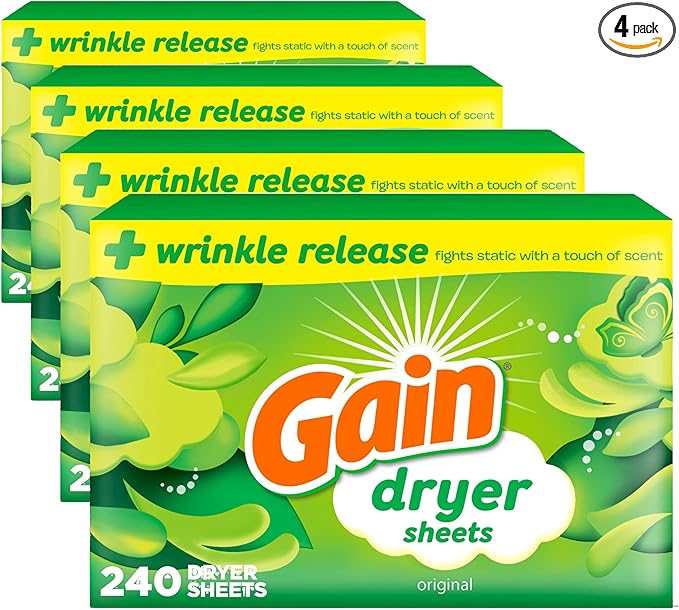 Gain Dryer Sheets Plus Wrinkle Release, Original Scent, Fights Static With a Touch of Scent, Laundry Sheets, 240 Count (Pack of 4)